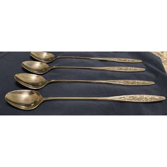 VTG Eldan ELD18 Stainless Steel Flatware Japan Roses 4 Ice Tea Spoons + 1 Knife - Picture 4 of 15